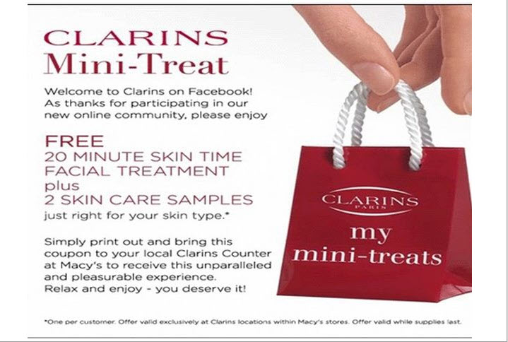 In Stores: Free 20 min Facial + 2 Free Samples at Clarins Counter