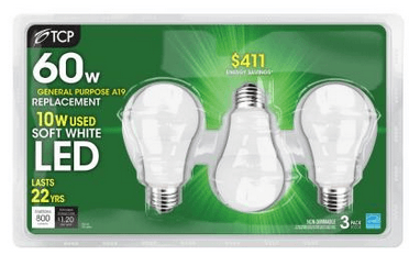 20% off TCP Equivalent Soft White 3-Pack LED Light Bulb